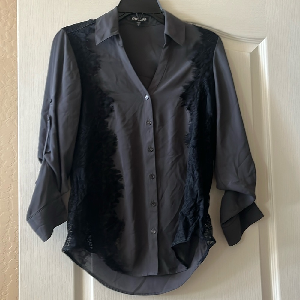 Express Dark Grey Blouse with Black Lace Accents